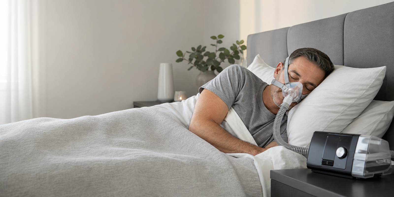 Pessoa dormindo com o suporte de um aparelho CPAP