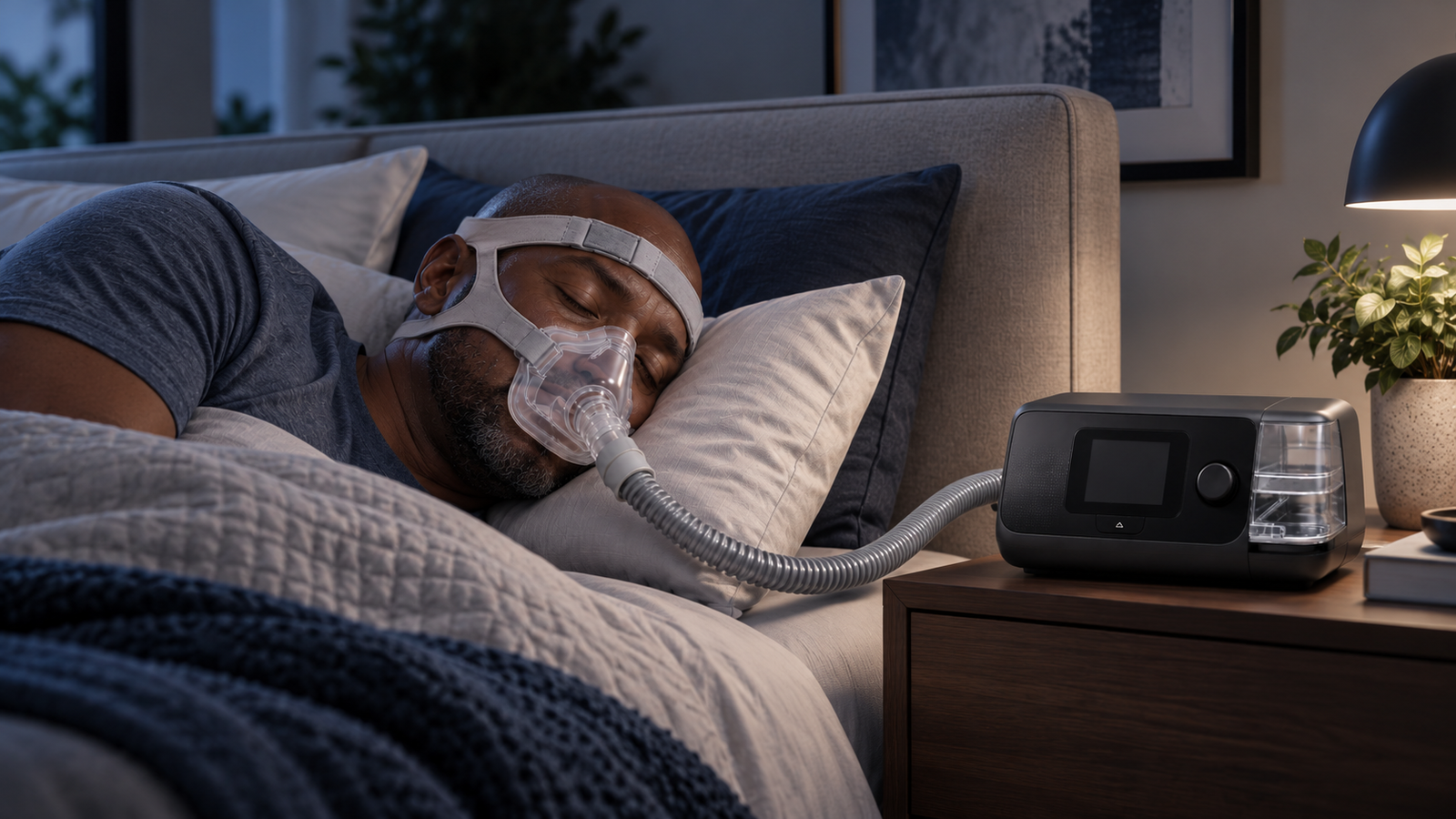 Pessoa descansando em casa com CPAP