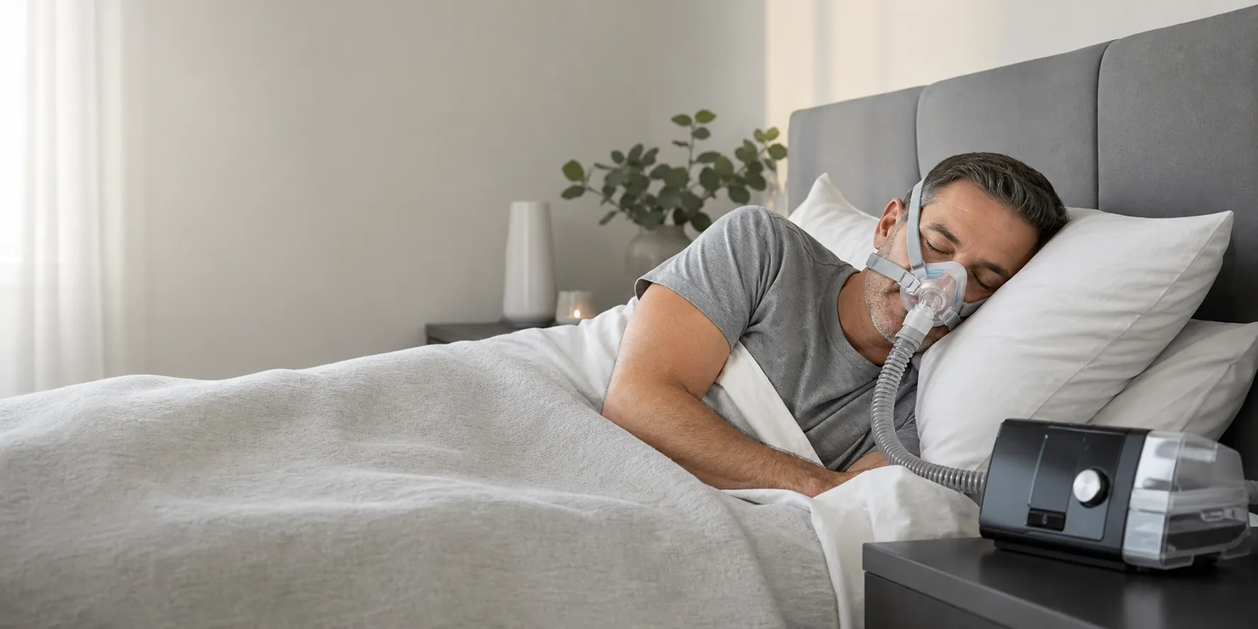 Homem dormindo tranquilamente usando CPAP ao lado do equipamento